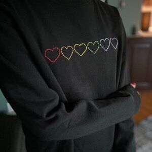 Hand Embroidered Rainbow hearts crew